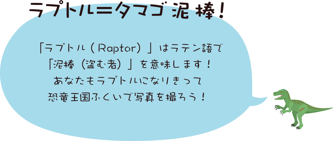ラプトル=タマゴ泥棒！
「ラプトル（Raptor）」はラテン語で「泥棒（盗む者）」を意味します！
あなたもラプトルになりきって恐竜王国ふくいで写真を撮ろう！